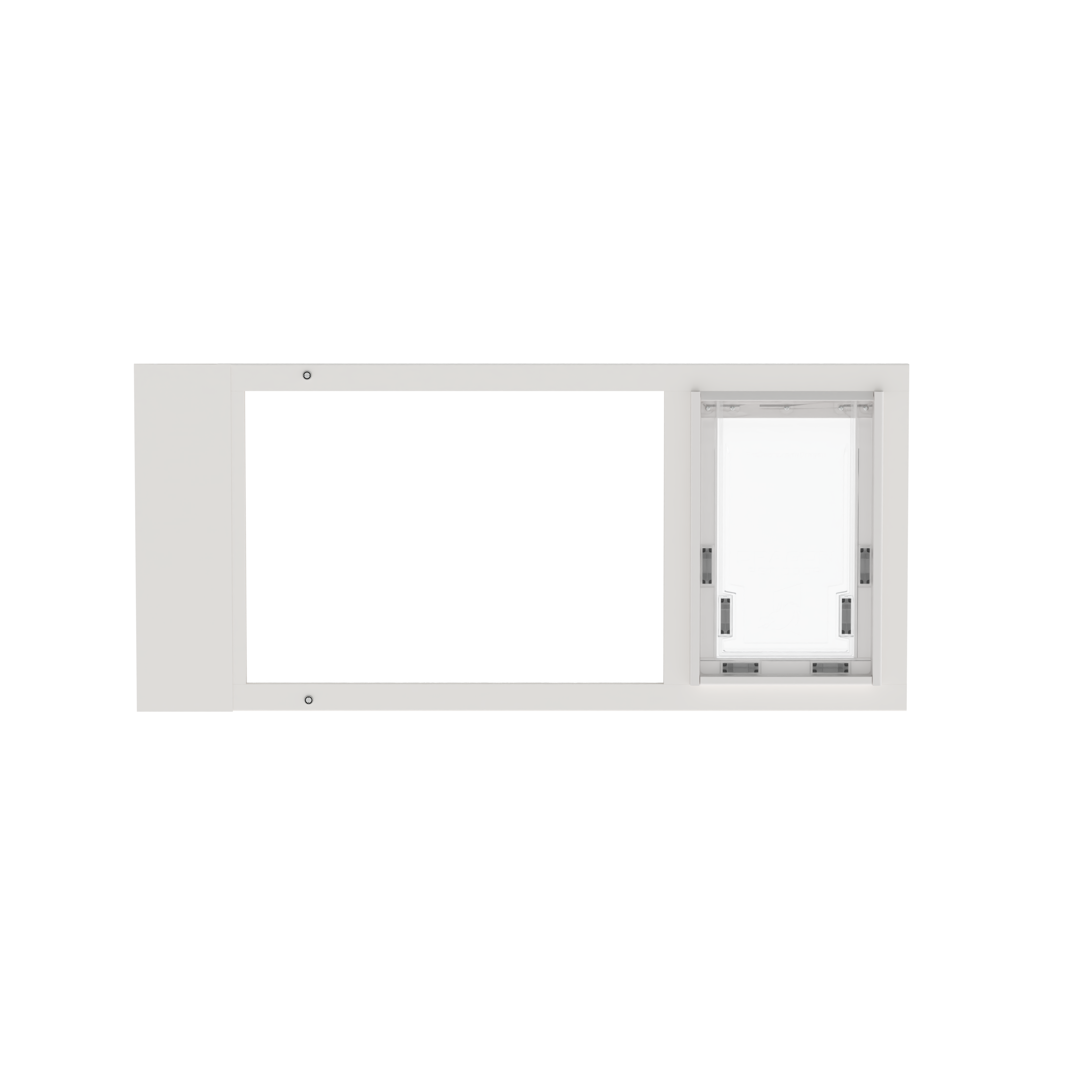 Large white Dragon single flap pet door for sash windows, front view, open. Two-piece flap design for improved sealing and insulation.
