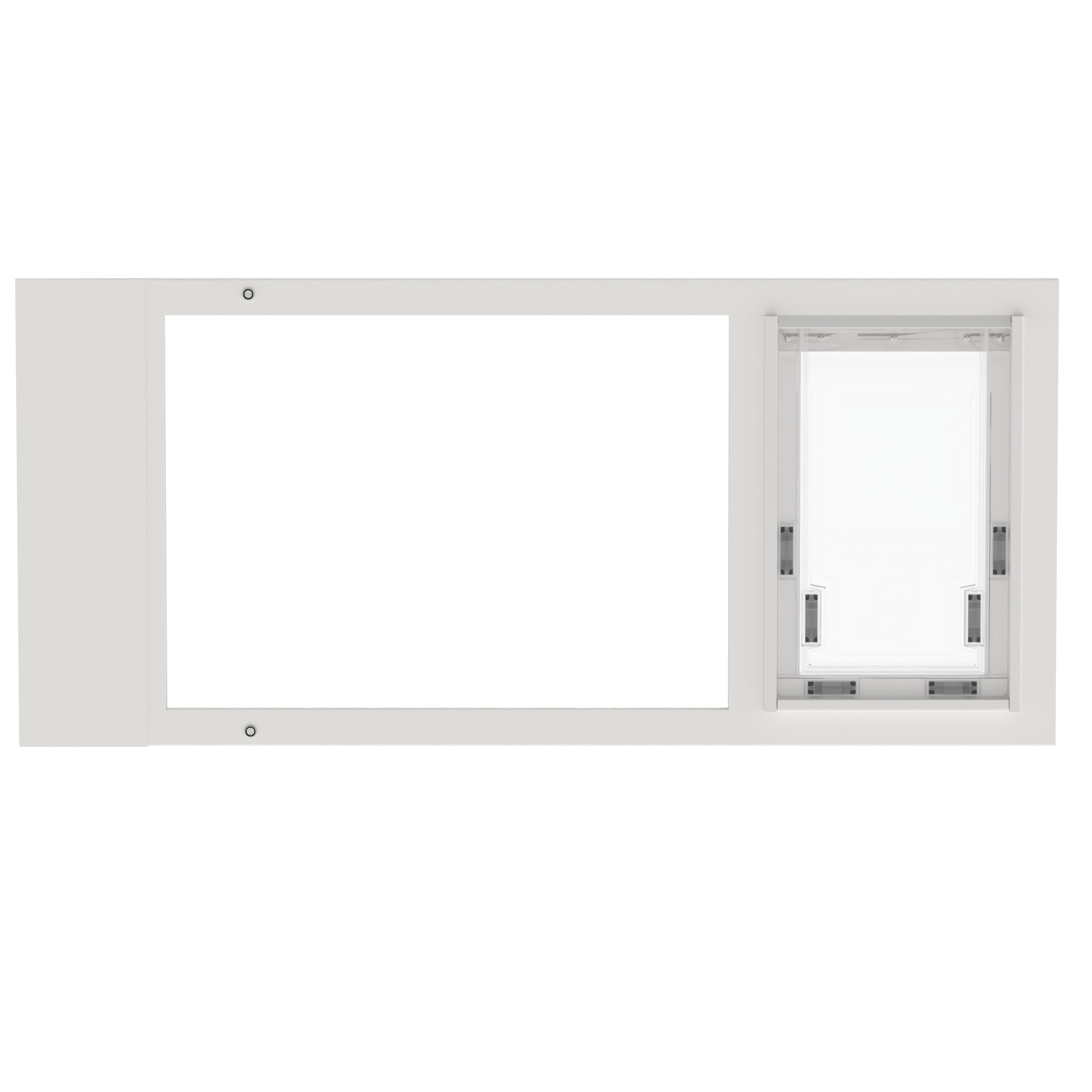 A front view of a white Dragon brand double flap pet door insert for aluminum sash windows, closed.