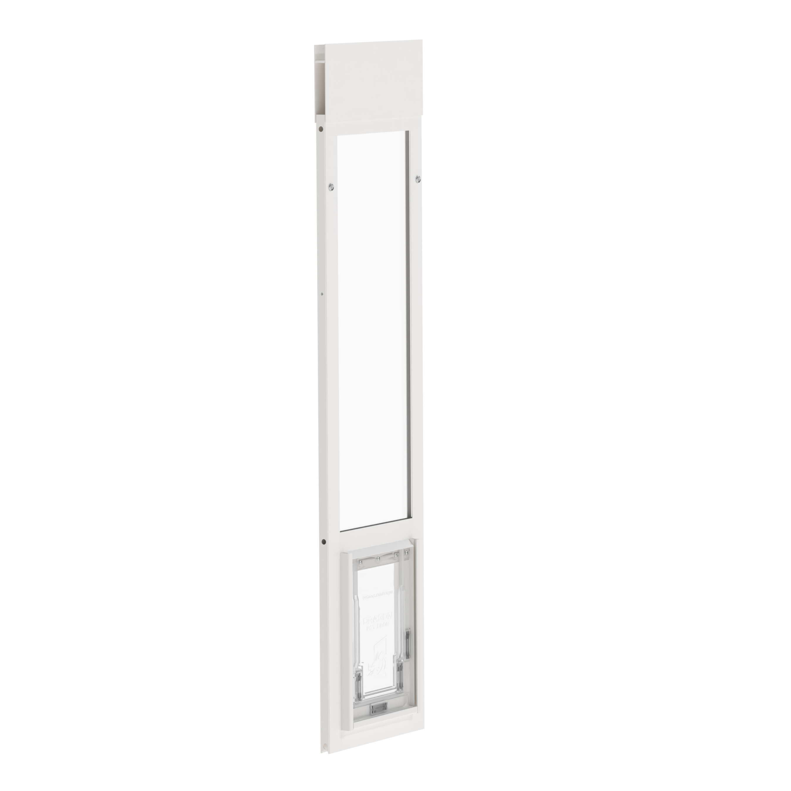 Dragon small single flap pet door for windows, white, angled view.