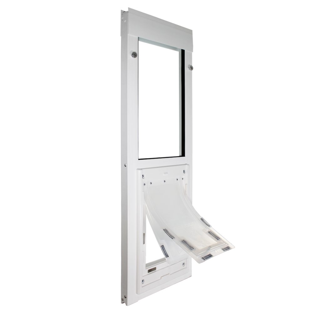 Dragon large single flap vinyl window pet door, black, front view.